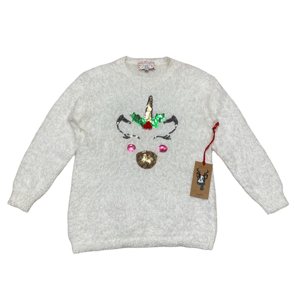 Christmas Sequin Unicorn Eyelash Sweater Youth Girls L Crewneck Holiday Top Poof